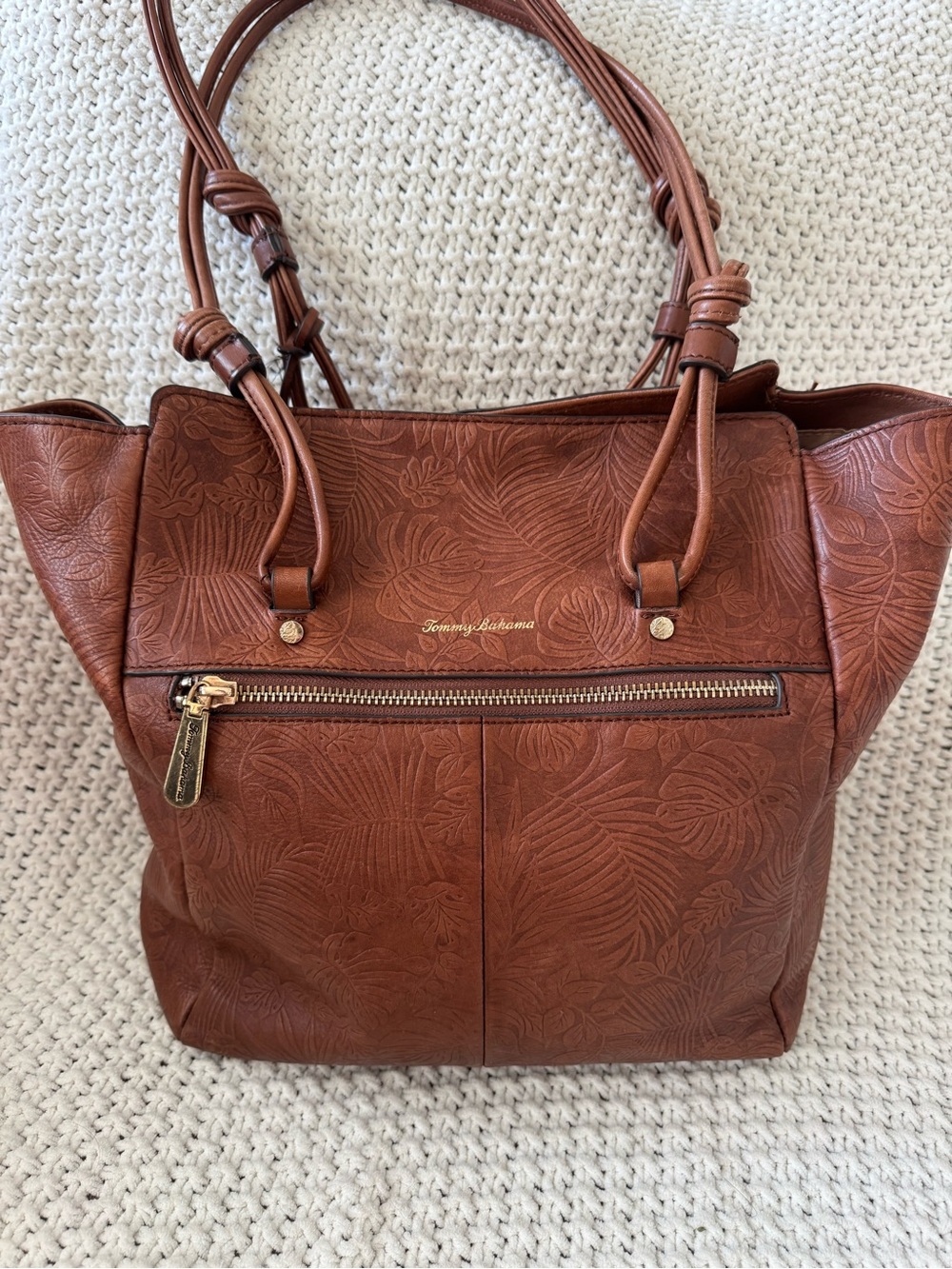 Tommy Bahama Cognac Leather Tropical Leaf Embossed Tote Bag